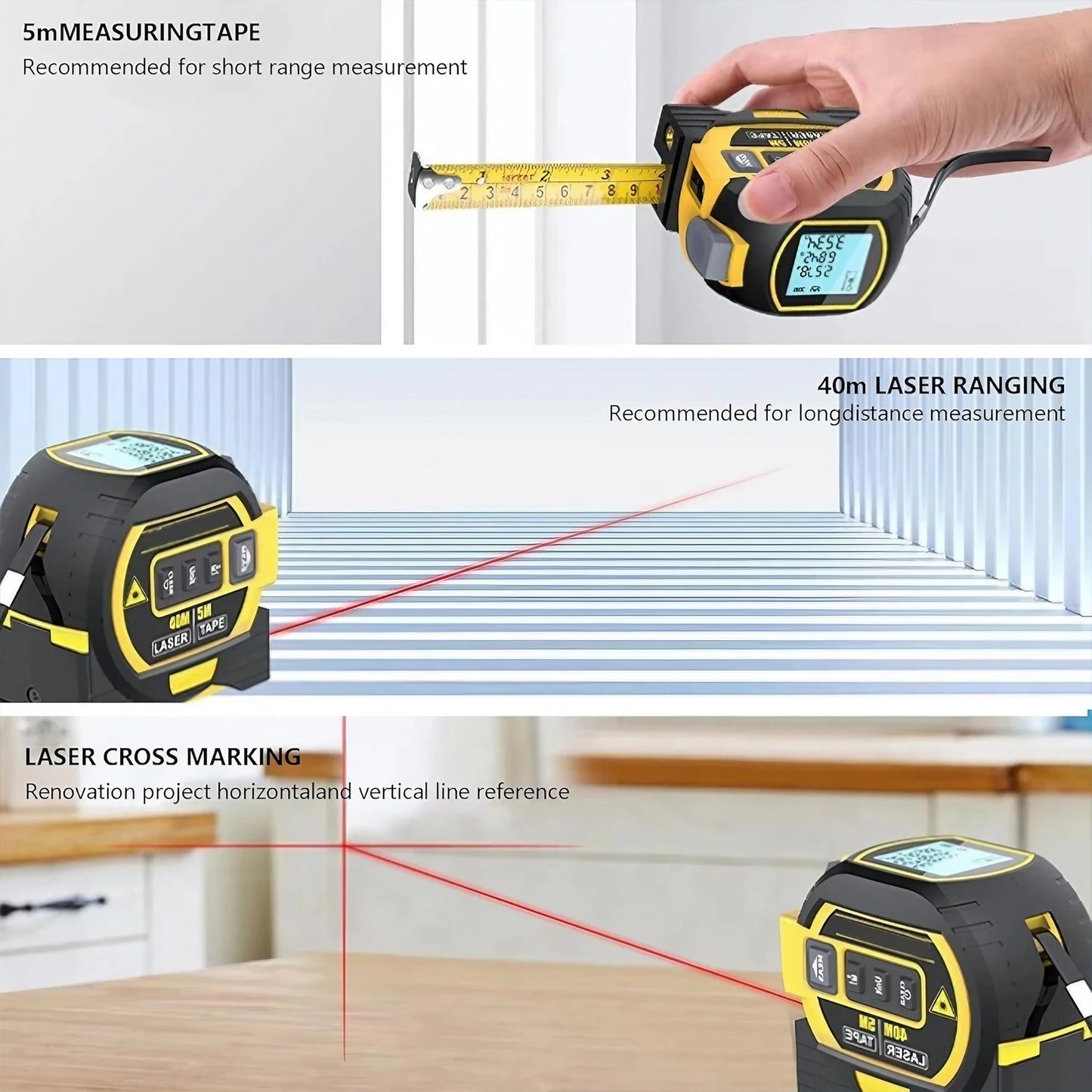 3-in-1 Laser Tape Measure 40/60M